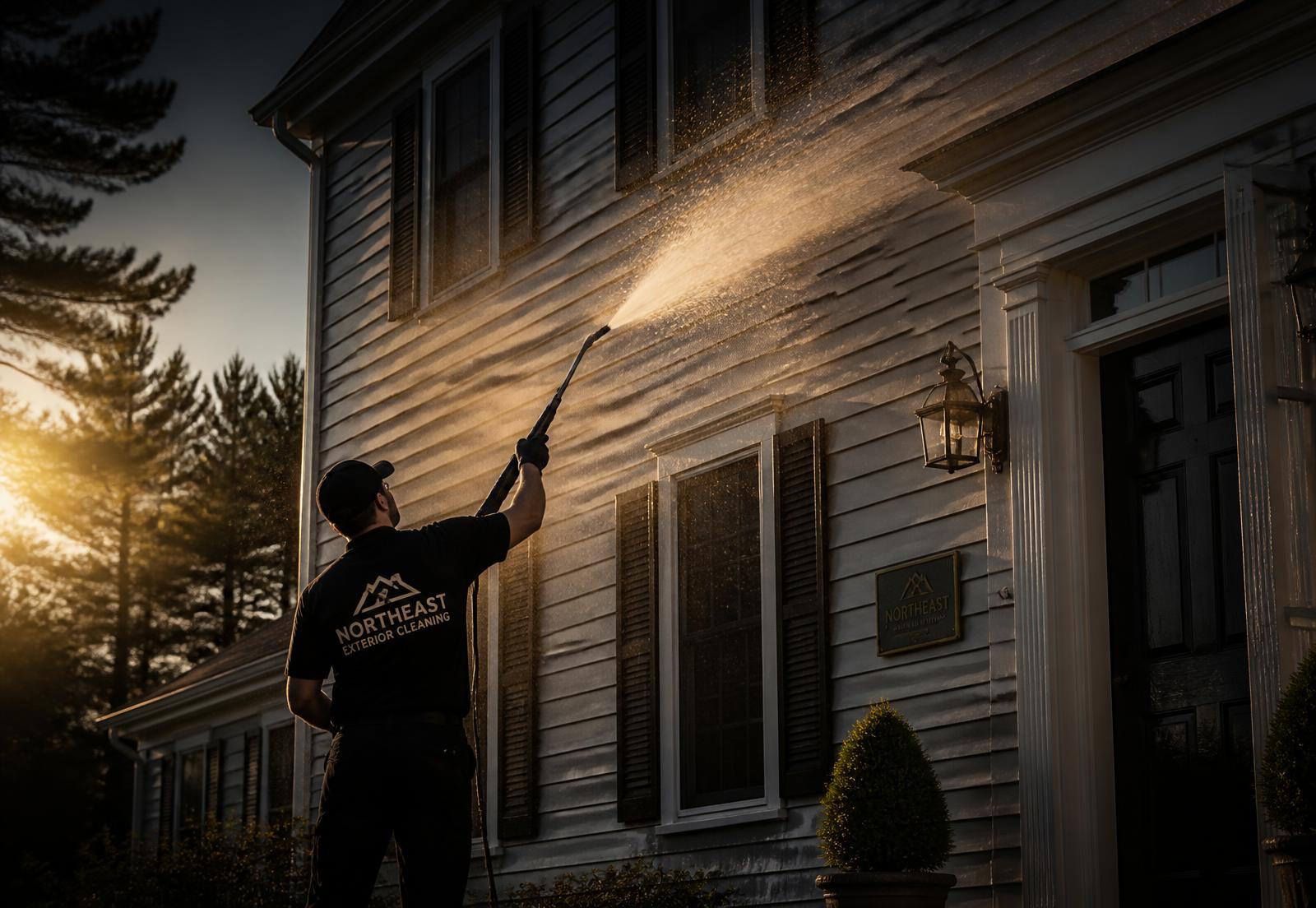Technician power washing a New England home at dusk